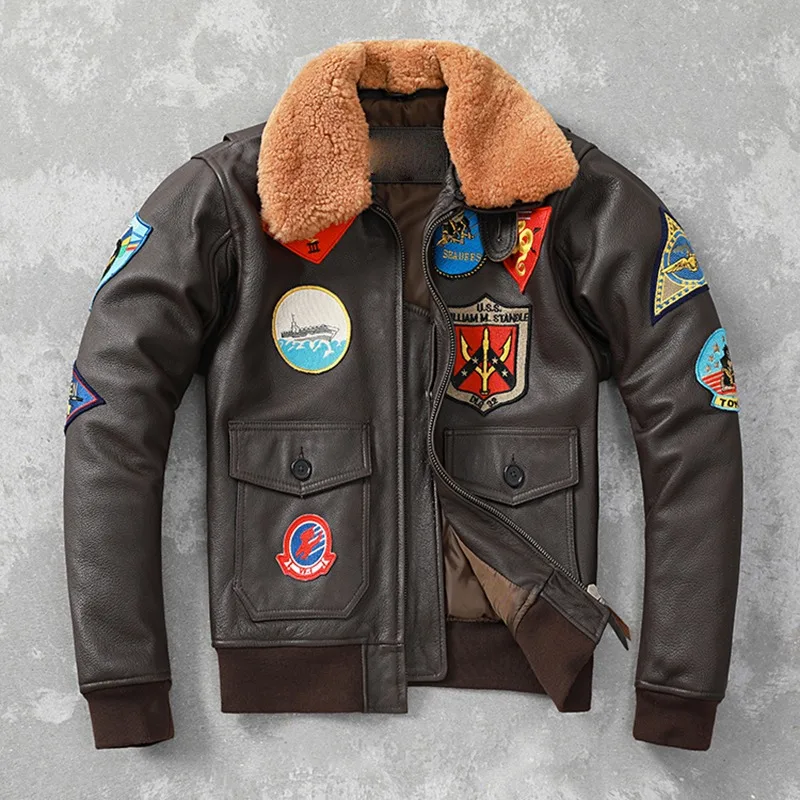 2023 New Winter Mbroidery Aviator Bomber Flight Jacket Cowhide Real Fur Leather Coat Men Air Force Aviation Coats Clothing