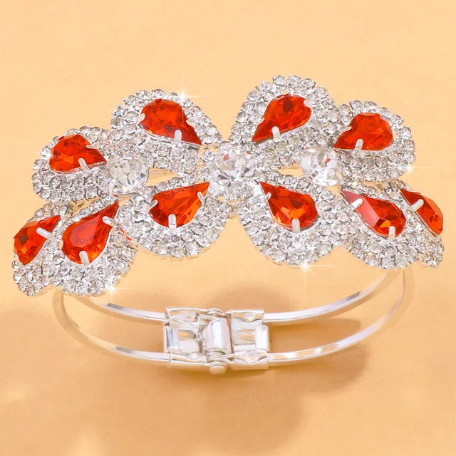 Luxury Red Crystal Flower Rhinestone Drop Bangle Bracelet for Women Exquisite Wedding Cuff Bracelet Bagle Bridal Hand Jewelry 3