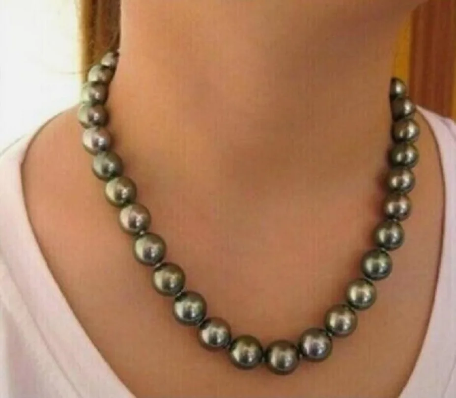 

18"AAAAA LUSTER 11-12mm REAL Tahitian Black Green Round pearl necklace 14k GOLD