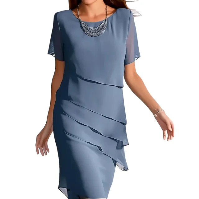 Summer 2025 Women's Tiered Chiffon A-Line Midi Dress round Neck Short Sleeve Elegant Evening Party Solid Color Gown