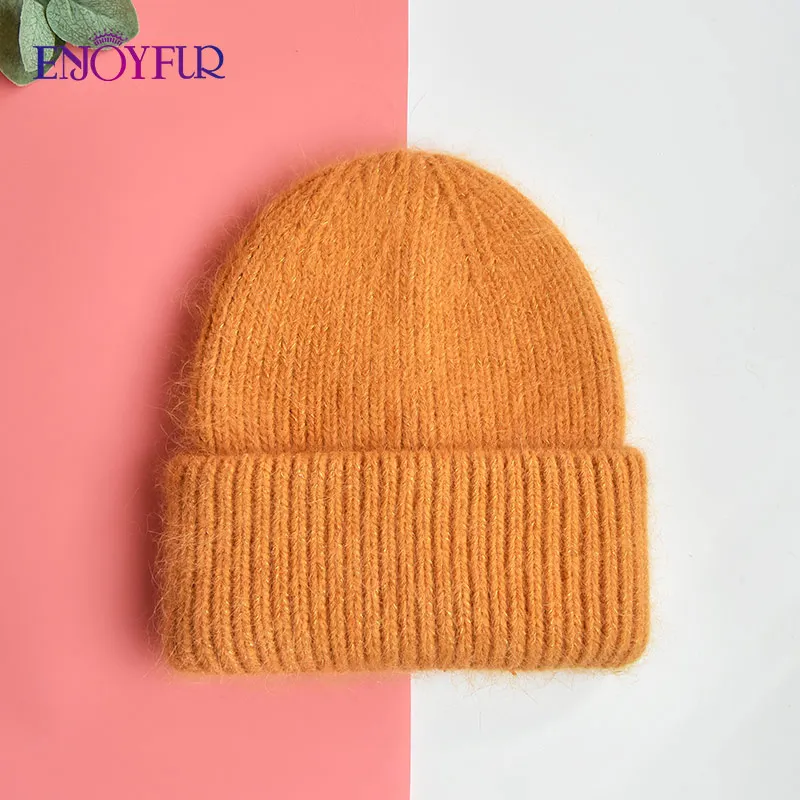 ENJOYFUR Warm Angora Wool Hats For Women Soft Thick Female Winter Knitted Caps Fashion Wide Cuffed Plain Russia Ski Brand Beanie |