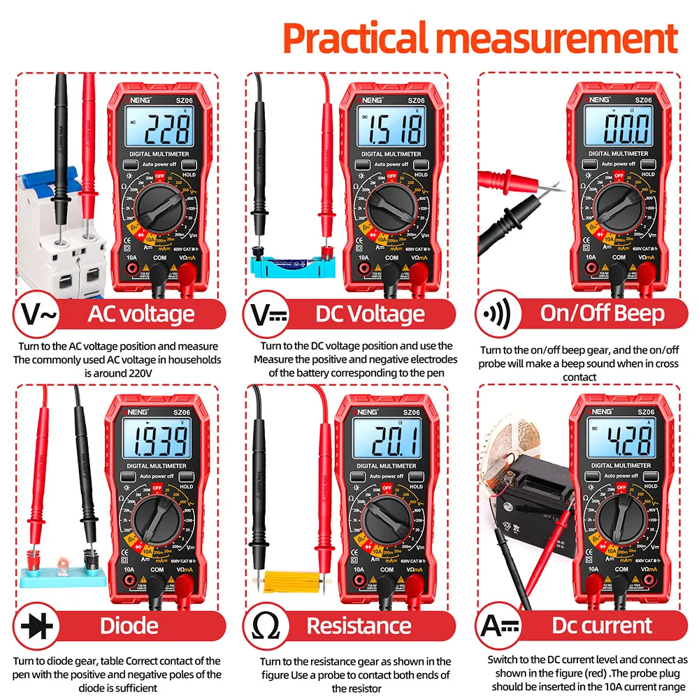 SZ06 2000 Counts Digital Multimeter Voltage Resistance Meter AC/DC  Ammeter Voltmeter Electrician Ohm Tester with LCD Backlight 6