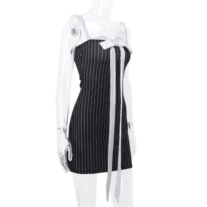y2k Dress 2000s Women Striped Lace Stitching Off Shoulder Sleeveless Bodycon Short Dress with Bow Decor Party Dresses
