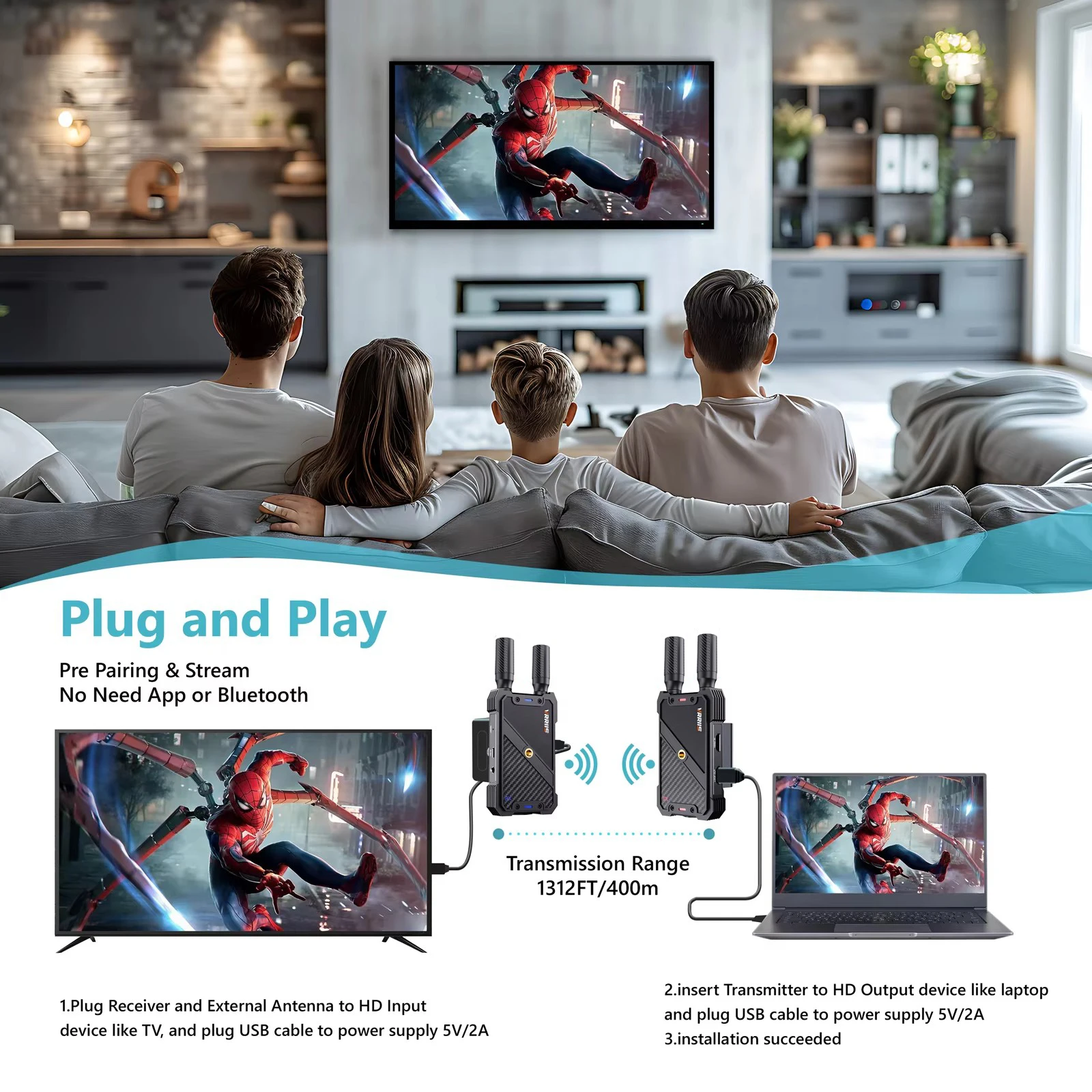 400M Dual HDMI Wireless Extender Audio Video Transmitter and Receiver Support Ba