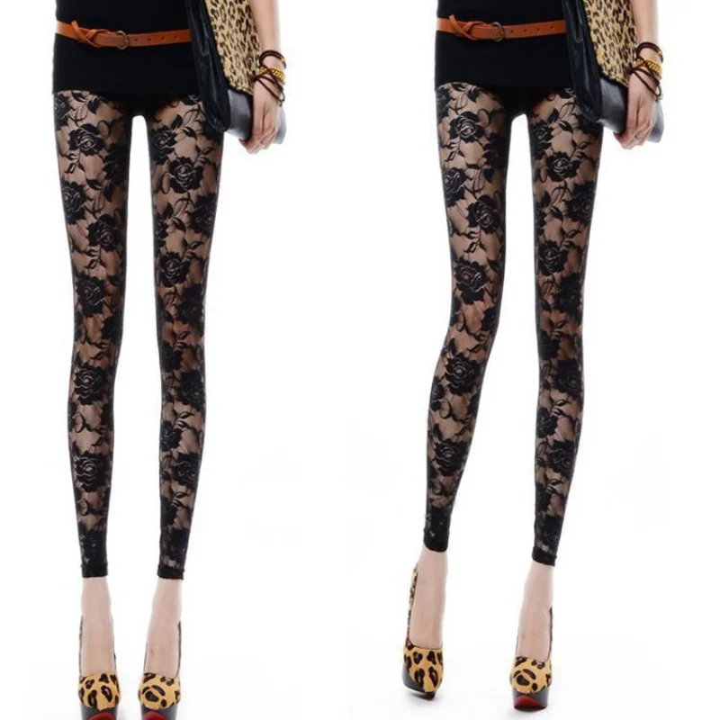 

Sexy Lace Women Mid-calf Pants See-through Plus-size Stretch Leggings Transparent Floral Leggings Low Spandex For Ladies