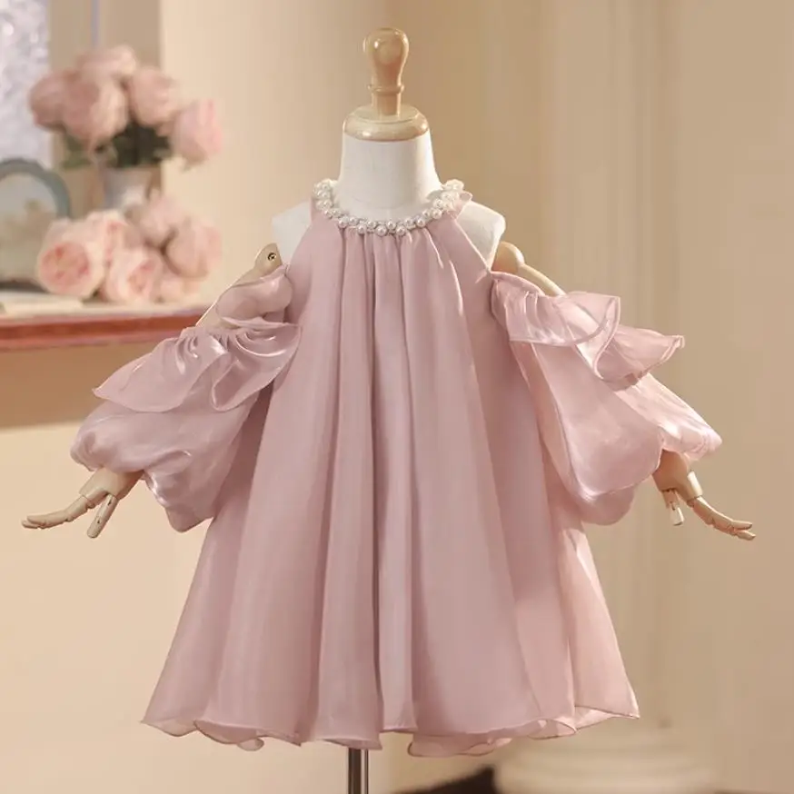 

2023 Children's Evening Gown Puff Sleeve Pearls Design Wedding Birthday Baptism Eid Host Performance Party Girls Dress A2920