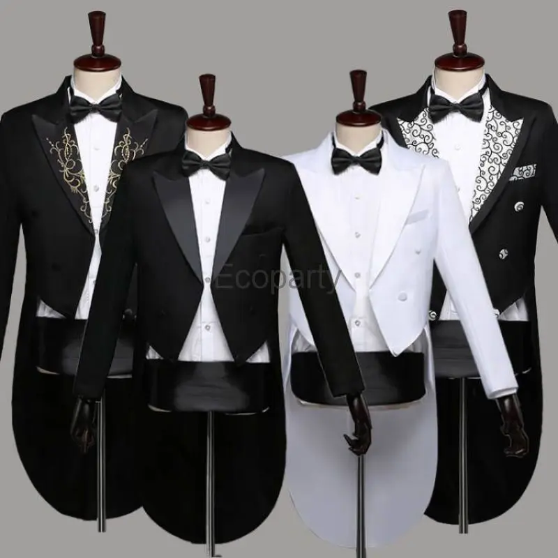 

New 2-Piece Tailcoat Suits Men Classic Black Shiny Lapel Tail Tuxedo Coat Pants Bow Set Wedding Groom Dress Up Singer Outfits