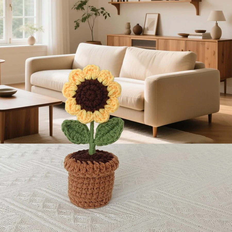 Warm and Cozy Small Ornaments, Hand-Crocheted Sunflower Potted Plants, Window Sill, Desktop, Bedroom, Living Room, Study Room Decoration, Birthday and Valentine's Day Gifts