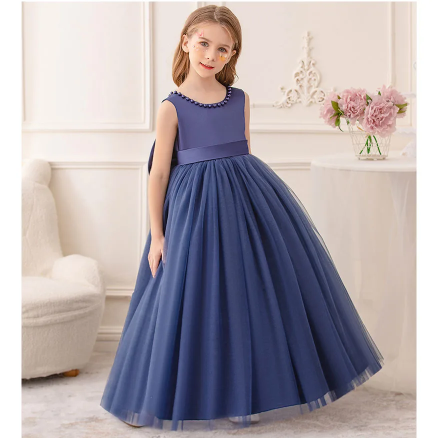 Little/Big Girls Elegant V Backless Big Bowknot Pearls Flower Girl Birthday Party Piano Show Performance Long Dress 5