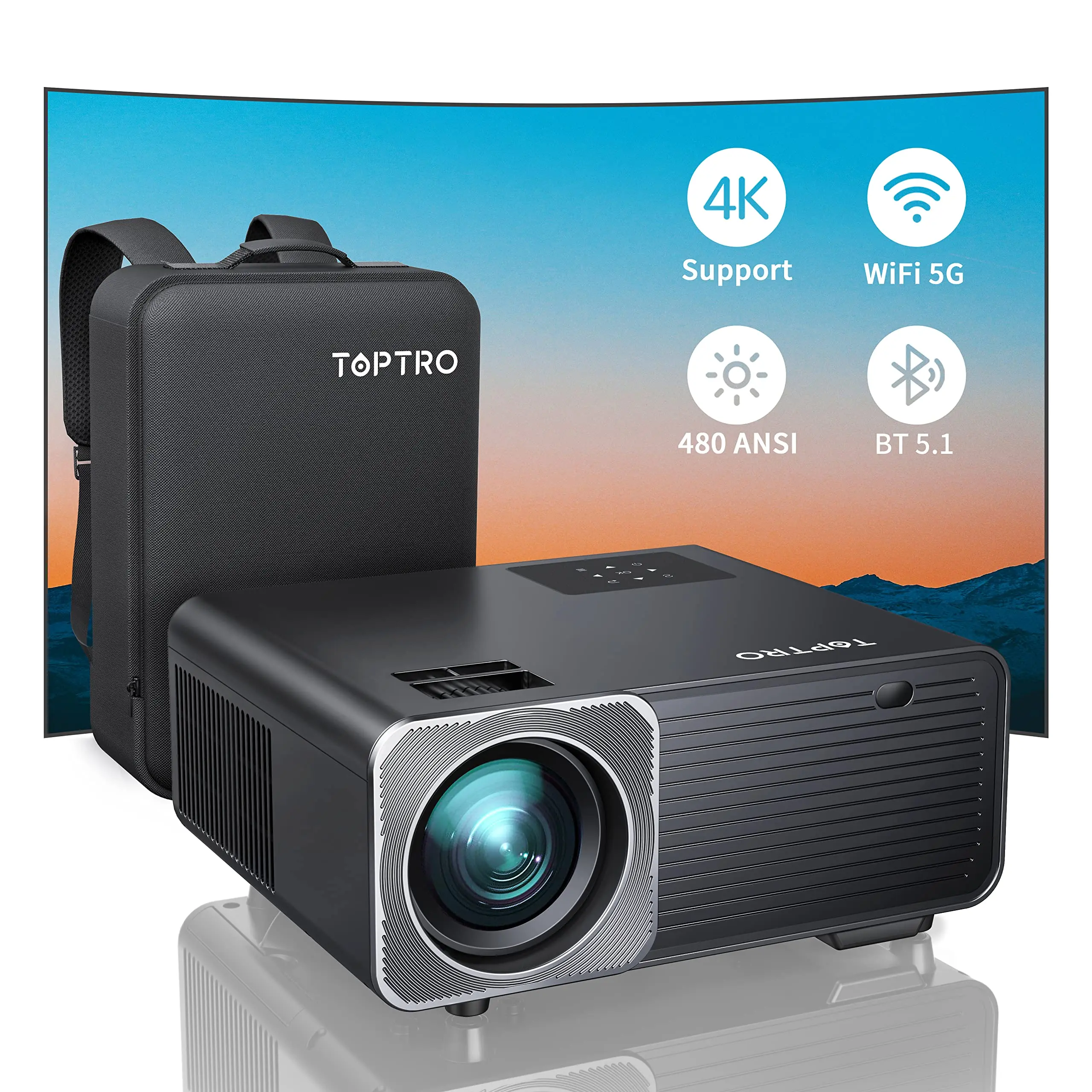 TOPTRO TR22 outdoorové projektor 4K podporované nativní 1080P plný HD 480 ANSI 5G WIFI Bluetooth projektor 4D/4P keystone korekce