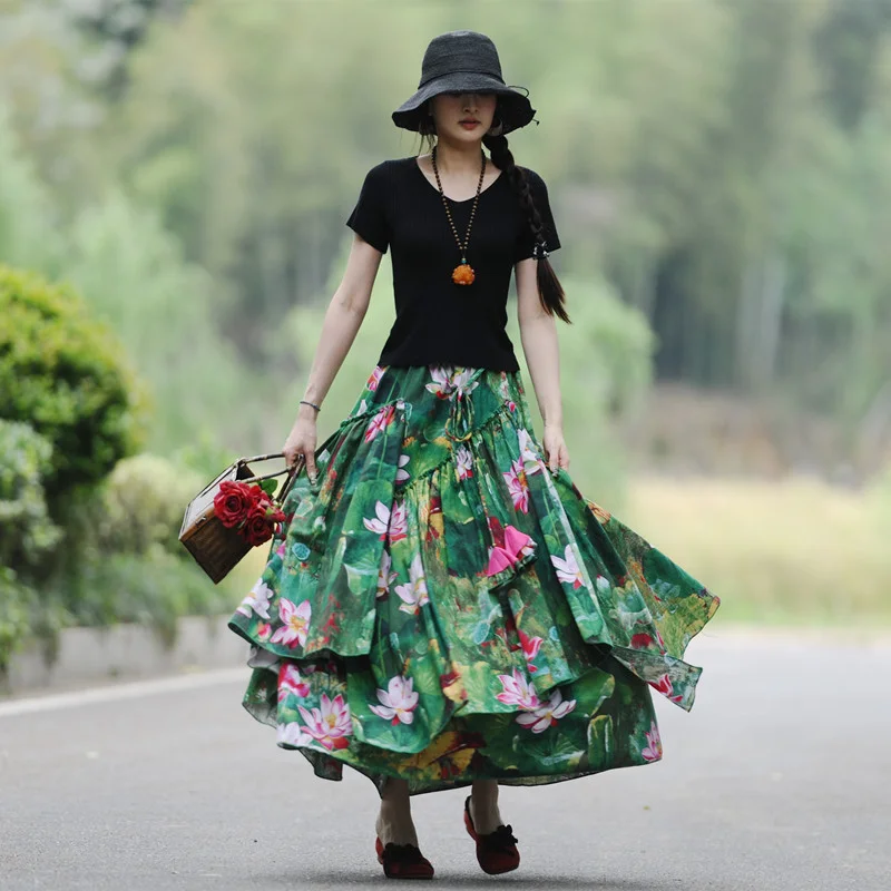 Free Shipping 2023 New Fashion Long Maxi A-line Elastic Waist Women Cotton And Linen Plus Size S-2XL Flower Print Skirts