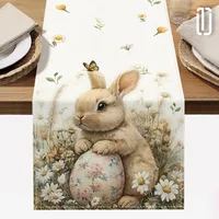 1pc Easter Bunny and Floral Egg Table Runner for Spring Holiday Home Decor, Easter Celebration Tablecloth Gift Idea 1