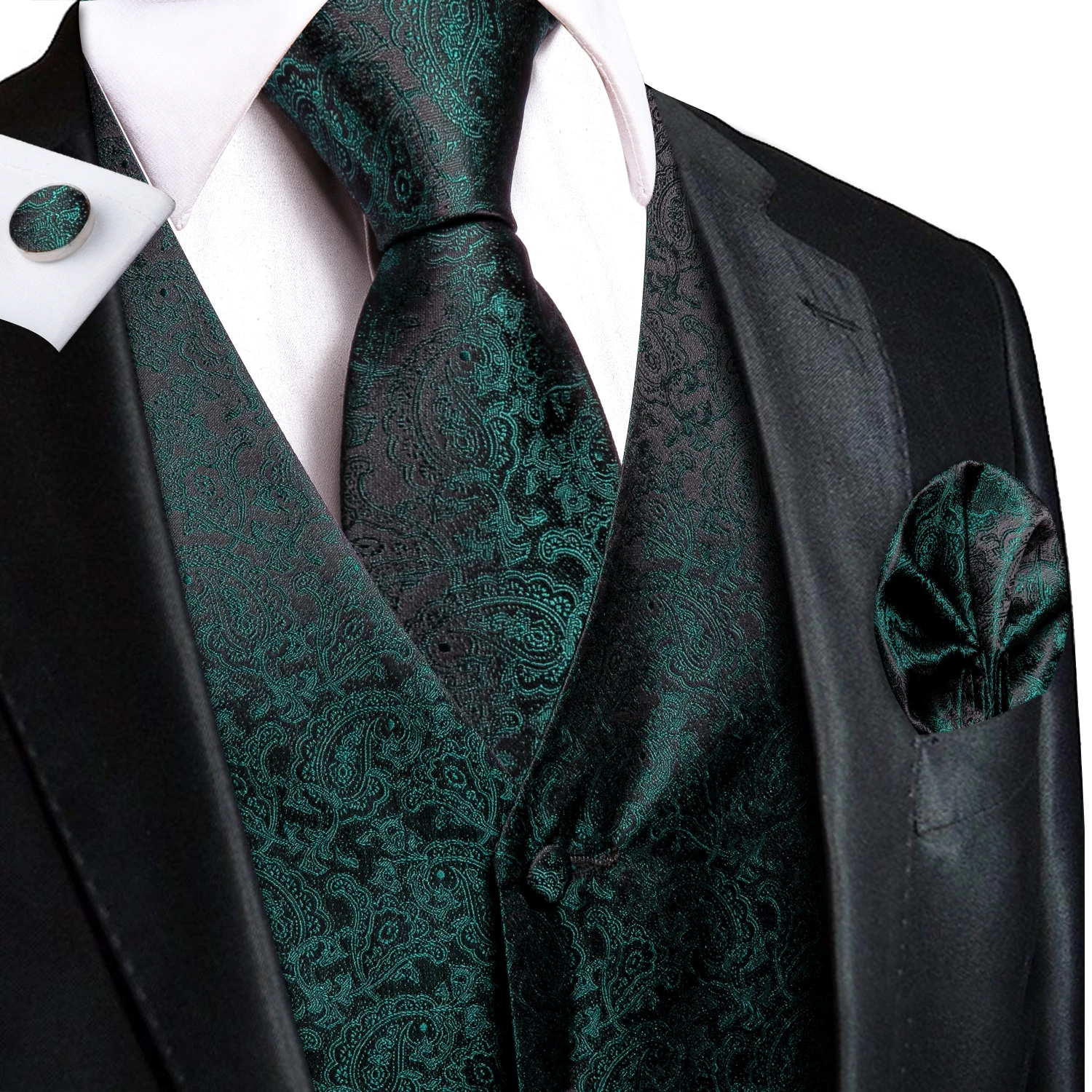 Hi-Tie Dark Green Men's Vests Tie Set Silk Paisley Jacquard Waistcoat Jacket Necktie Hanky Cufflinks Wedding Formal Party Gifts 5