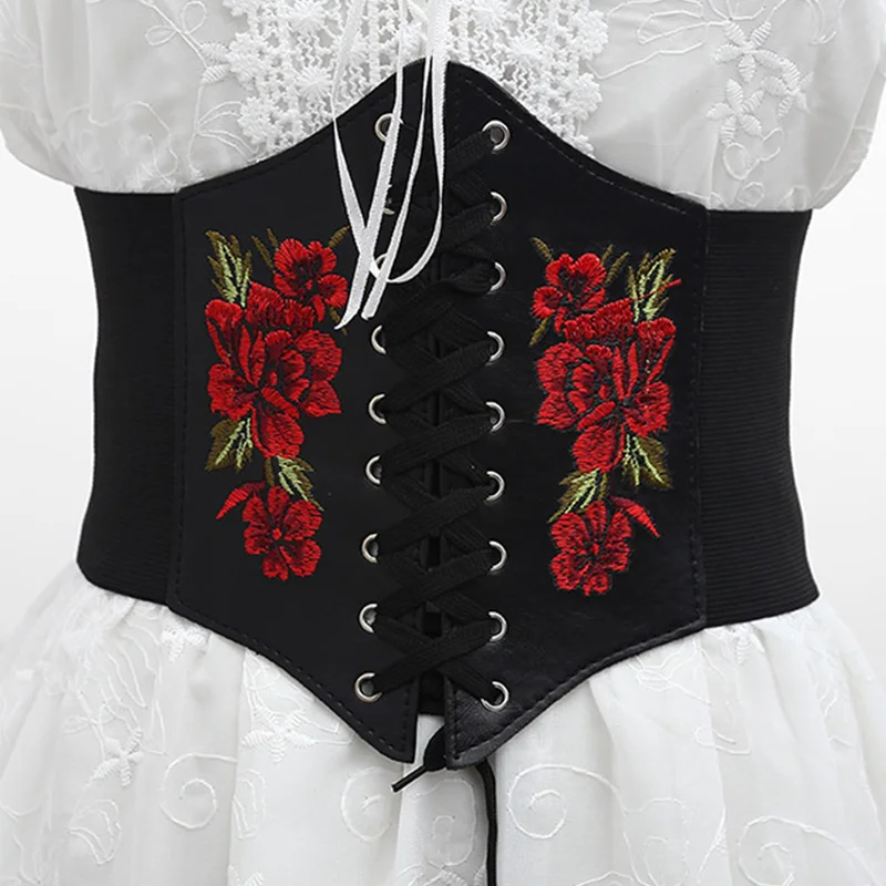 

Safflower Embroidery Lace-up Elastic Girdle Dress Accessories Lace-up Corset Leather Corset Fashion Casual Luxury Women's Belt