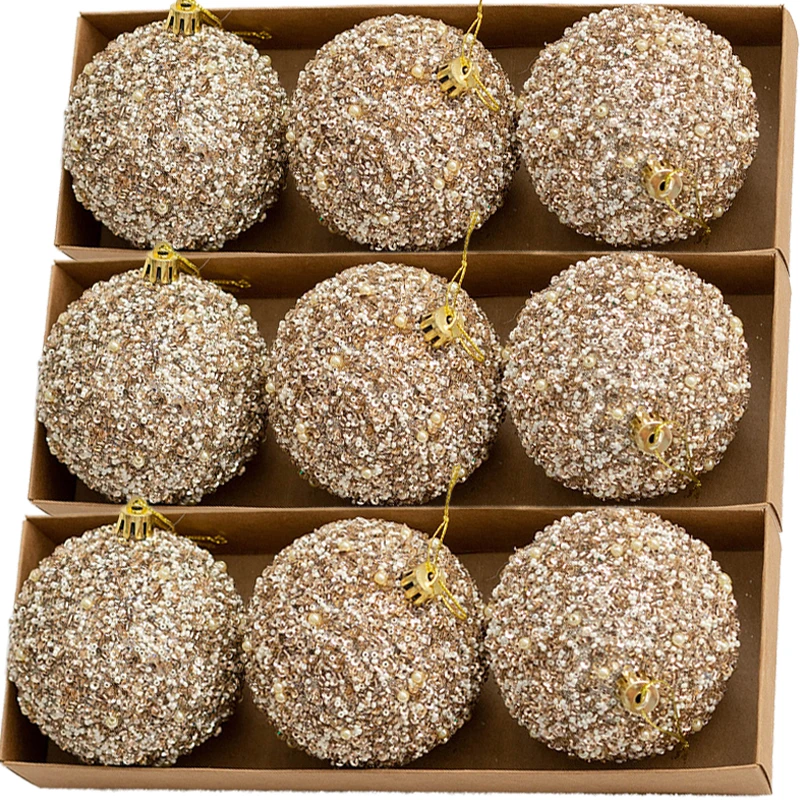 Champagne Gold Glitter Christmas Ornaments - Sparkling 6cm Ball Pendants