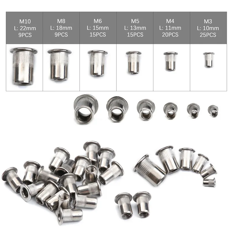 93/50pcs Stainless Steel Flat Countersunk Head Rivet Nuts Set M3 M4 M5 M6 M8 M10 Insert Threaded Rivet Insert Rivnut Nutsert Cap rivet nuts set