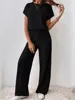 Simple Style Rib Knit Long Pants Suit Women Casual Short Sleeve T-shirt & Loose Trousers 2 Piece Sets Summer Autumn Women Set 3
