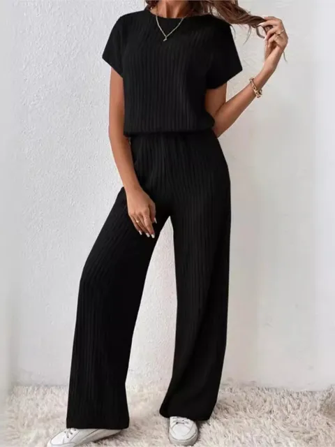 Simple Style Rib Knit Long Pants Suit Women Casual Short Sleeve T-shirt & Loose Trousers 2 Piece Sets Summer Autumn Women Set 3