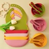 4PCS Baby Silicone Tableware 6-speed Adjustment Bib Suction Non-slip Bowl Feeding Training Spoon Fork Color Contrast Dinner Set 2