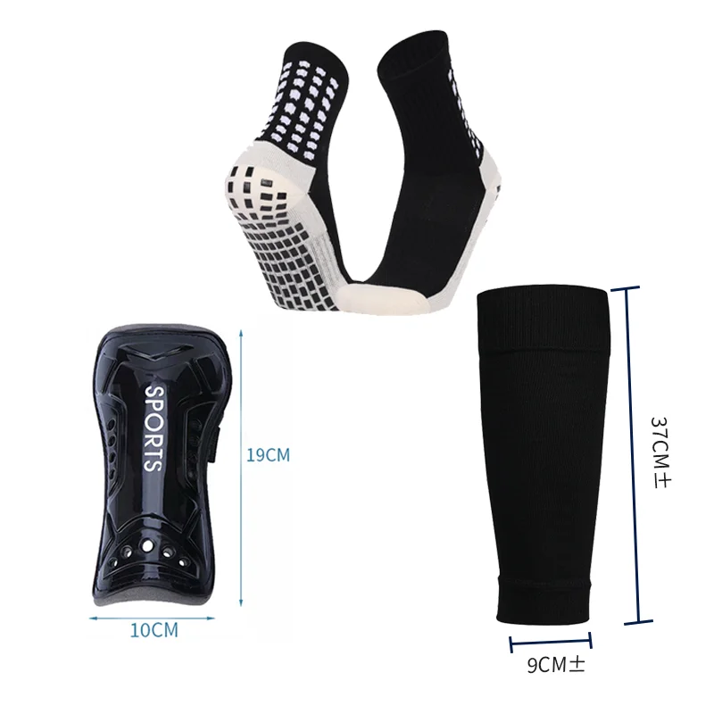Anti Slip Grips Socks and Shin Guard & Sleeve Set for Football Soccer Basketball Leg Support Protection Gear 3 Pieces Set