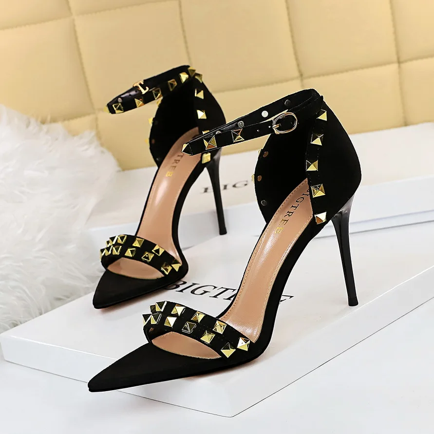 

BIGTREE Fashion Solid Black Flock Sexy Open Toe Thin High Heel Classics Office Lady Career Women Summer Sandals Buckle Strap New