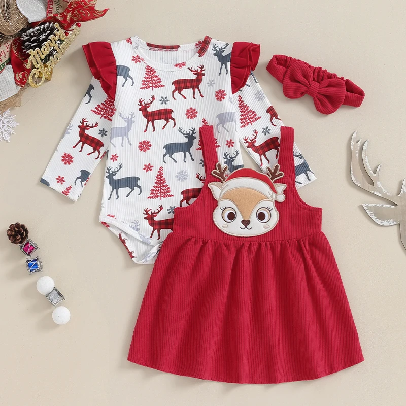 

2023-09-27 Lioraitiin 0-18M Baby Girls Christmas Outfit Elk Print Ribbed Romper +Corduroy Suspender Dress Headband Xmas Clothes