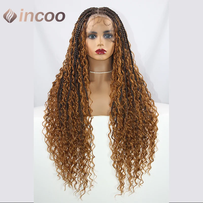 Boho Box Braid Wigs Ginger Blonde Wave Curly Synthetic Full Lace Front Wigs Pre-Plucked Baby Hair For Women 613 Box Braided Wig