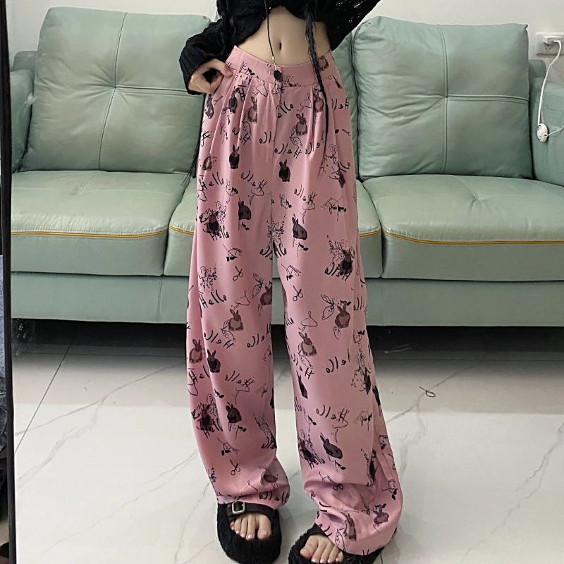 2023 Autumn New Women Pants Casual Loose Thin Large Size Womens Sweet Cool Rabbit Cartoon Printing Wide-legged Pants Female