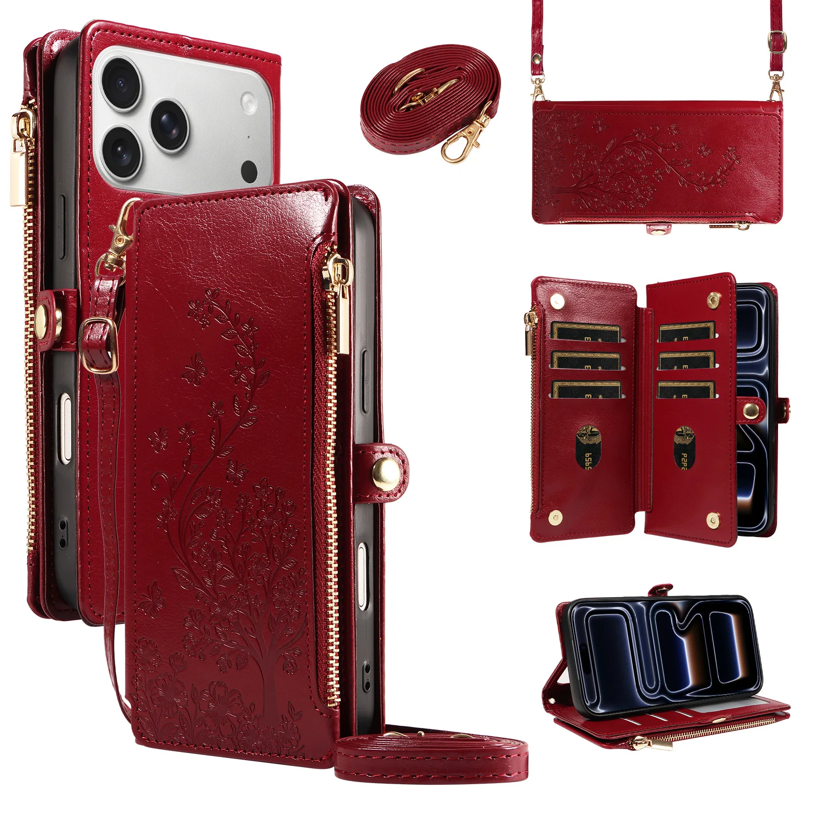 Embossed Flip Zipper Protective Cross-Shoulder Wallet Phone Case with Coin and Card Slots, Faux Leather Cover