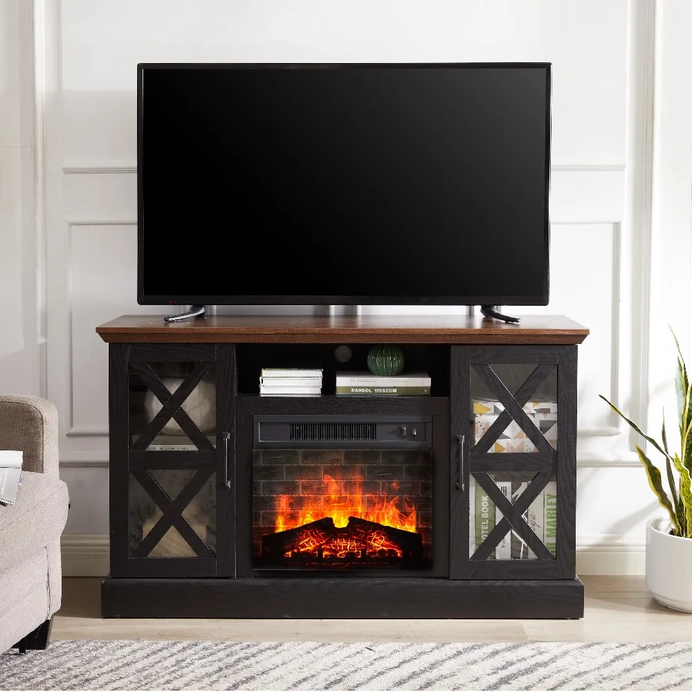 Farmhouse Fireplace TV Stand for TVs up to 55", Black/Walnut Finish 1