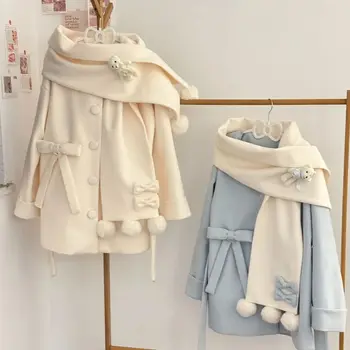 Autunno Inverno Cappotto di lana stile preppy giapponese Donna Fiocco Kawaii Orso cartone animato Sciarpa Giacche lunghe larghe Dolce Y2k Lolita Outwear 1