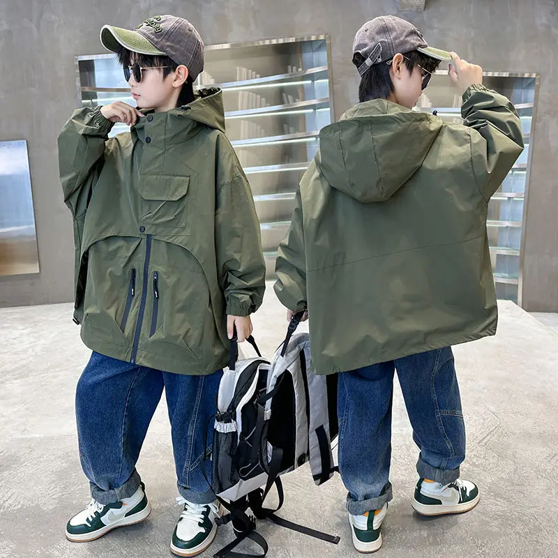 Spring Autumn Solid Korean Fashion New Full Sleeves Zipper Hooded Loose Cargo Coats Handsome Jackets Trench Outerwear