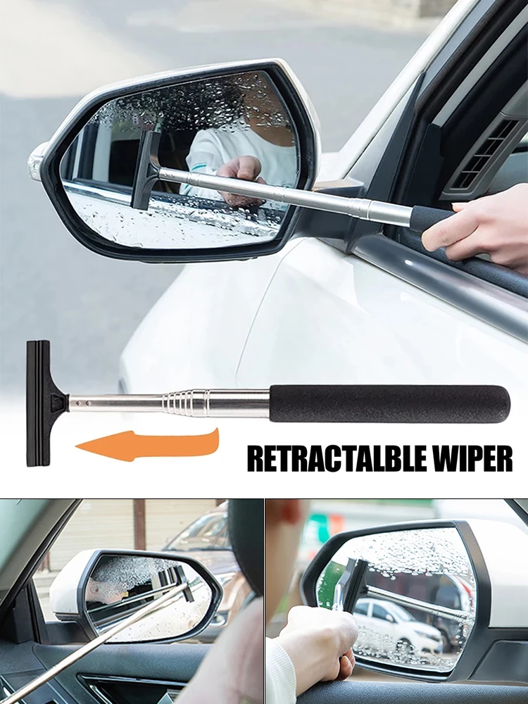 Car Rearview Mirror Wiper, Retractable Auto Glass Squeegee, Water