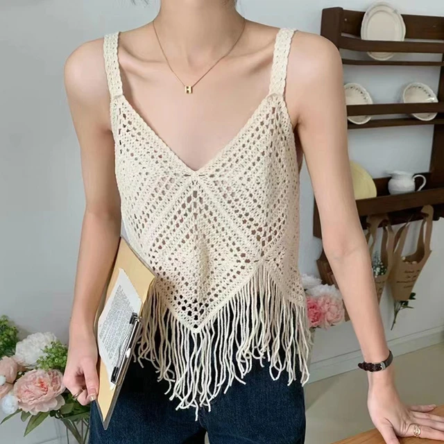 Vintage Chic Fashion Women Hollow Out Floral Embroidery Sleeveless Bohemian  Knitted Cotton Tops Beach Tassel Boho Camis New - AliExpress