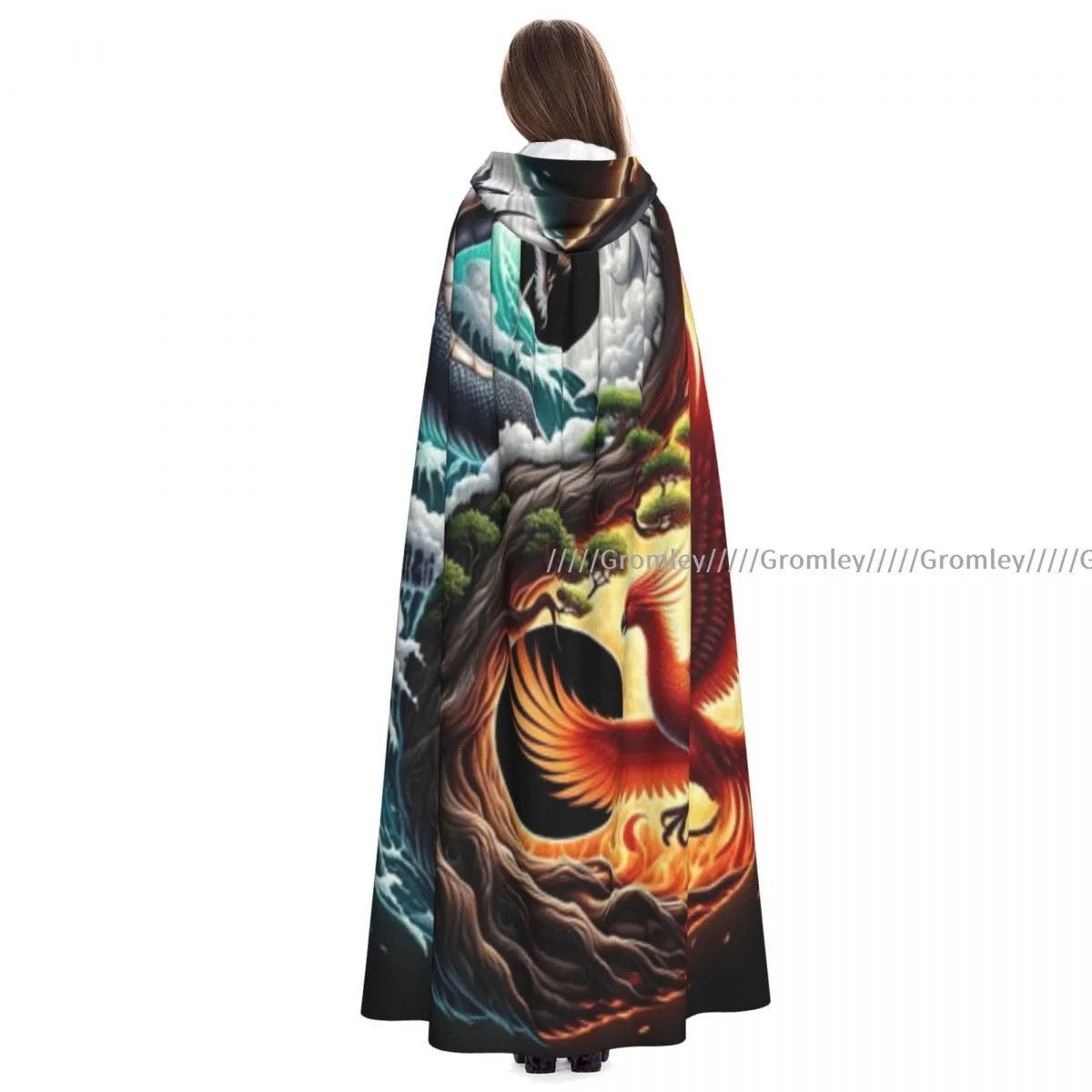 

Adult Dragon Phoenix Clouds Illustration Cloak Cape Hooded Medieval Costume Witch Wicca Vampire Halloween Costume Dress Coat