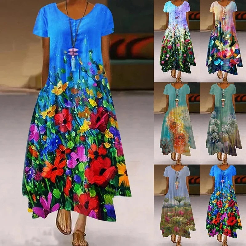 

Y2k Summer Floral Print Long Dresses Women O Neck Buttons Irregular Hem Maxi Dresses Loose Casual Beach Vestidos Dresses 5XL