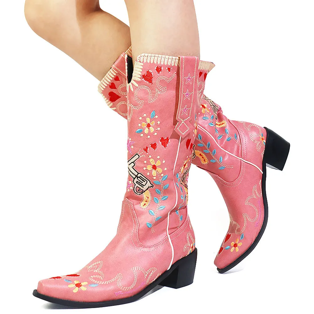 BONJOMARISA Western Cowboy Women Boots Cowgirl Mid Calf Boots Heart Retro Embroidered Slip On Chunky Casual Spring Shoes Woman 