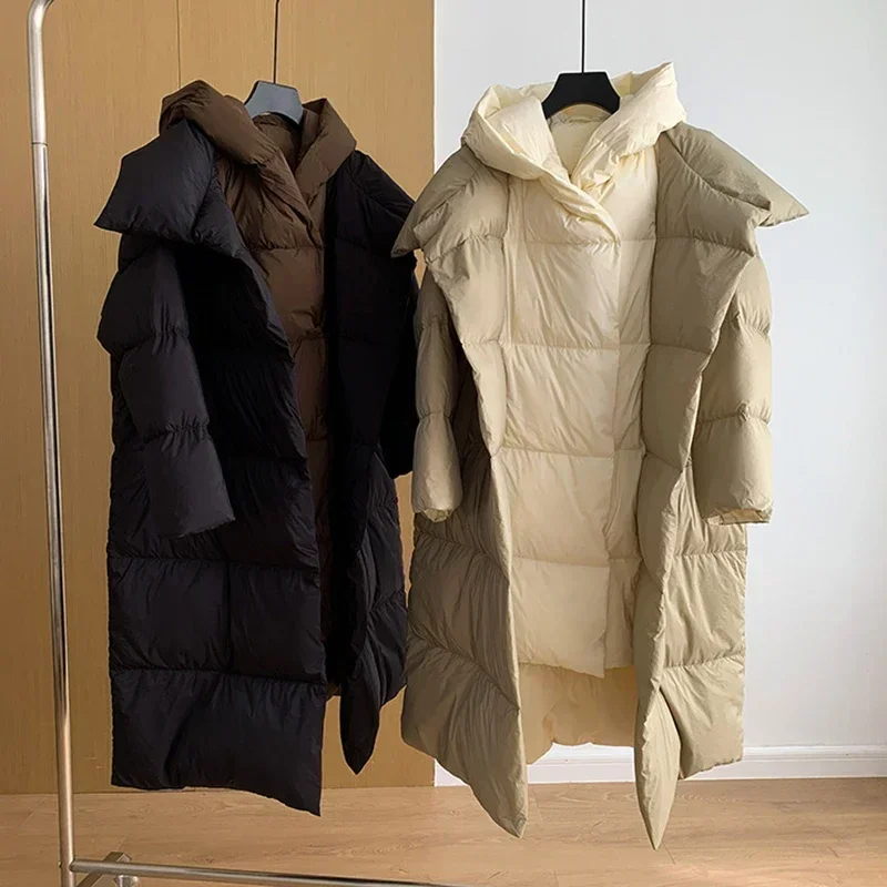 

2024 Long Women's Duck Down Coat Winter Oversized Luxury Warm Hooded Patchwork Puffer Jacket Desinger Female Fluffy Outwear