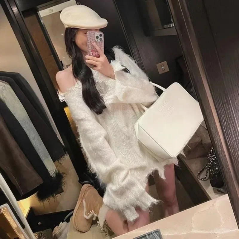 Autumn and Winter Fashion New Ripped Street Women's Long-sleeved Sweater V-neck Elegant Knitwear Solid Color Blouse