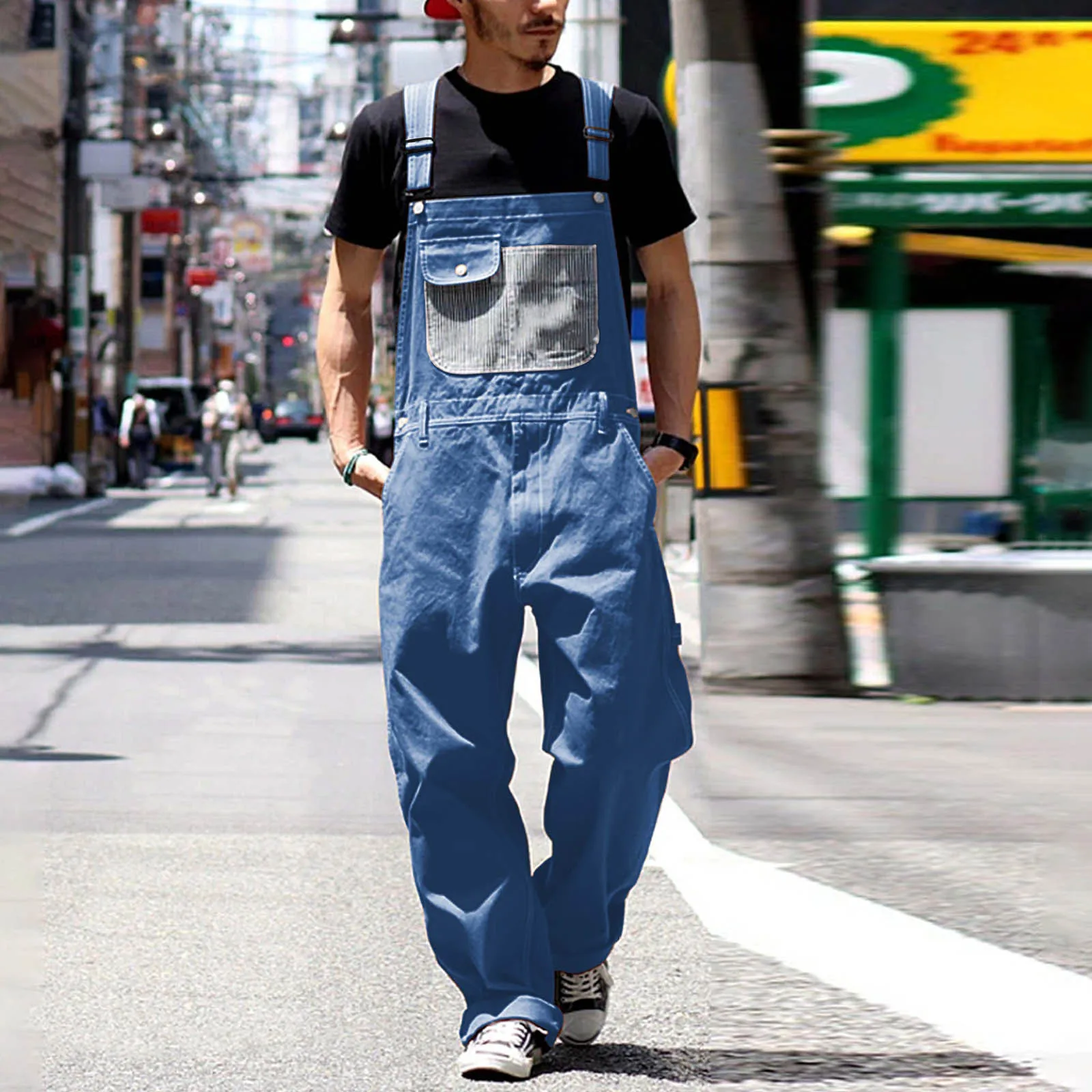 Fashion Men Casual Bib Overalls Washed Jumpsuit Streetwear Solid Color Pockets Loose Adjustable Strap Suspenders Workout Pants