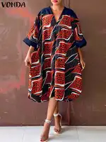 Plus Size 5XL VONDA Women Summer Dress 2024 V Neck Bohemian Printed Beach Sundress Casual Midi Vestidos 3/4 Sleeve Loose Robe - Image 3