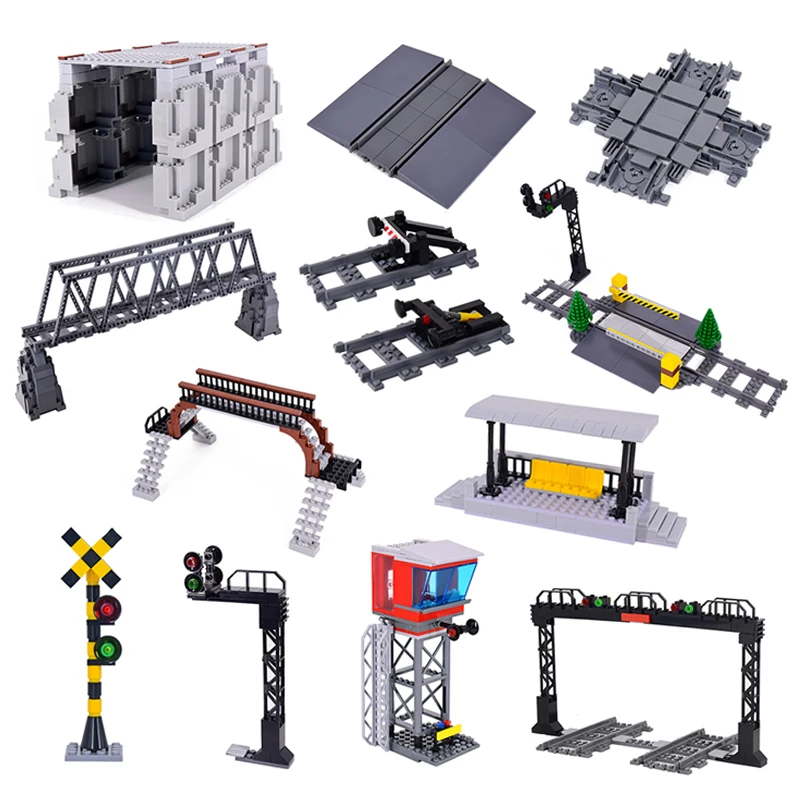 Stadtzüge, flexible Schienen, gegabelte, gerade, gebogene, weiche Schienen, Schienenschalter, Bausteinsteine, Kinder, DIY, technisches kreatives Spielzeug