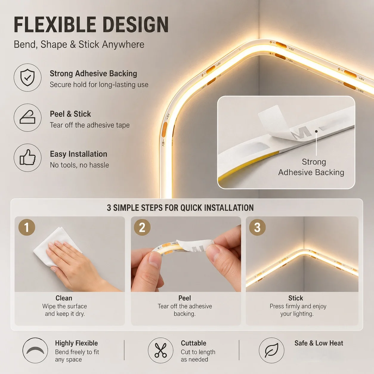 LED COB 라이트 스트립 터치 디머 플렉시블 다이오드 테이프 5V USB 리니어 실내 조명 램프 룸 DIY TV 거울 백라이트 벽 장식