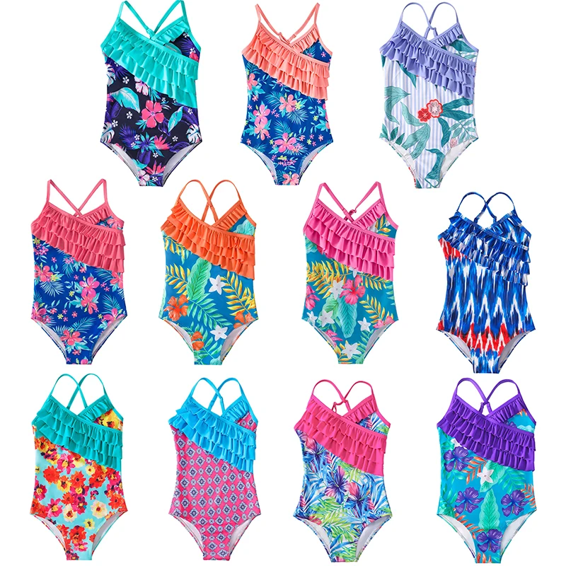 2023 Girls Swimsuits Kids One piece Suspenders Tied Shoulder Swimsuit