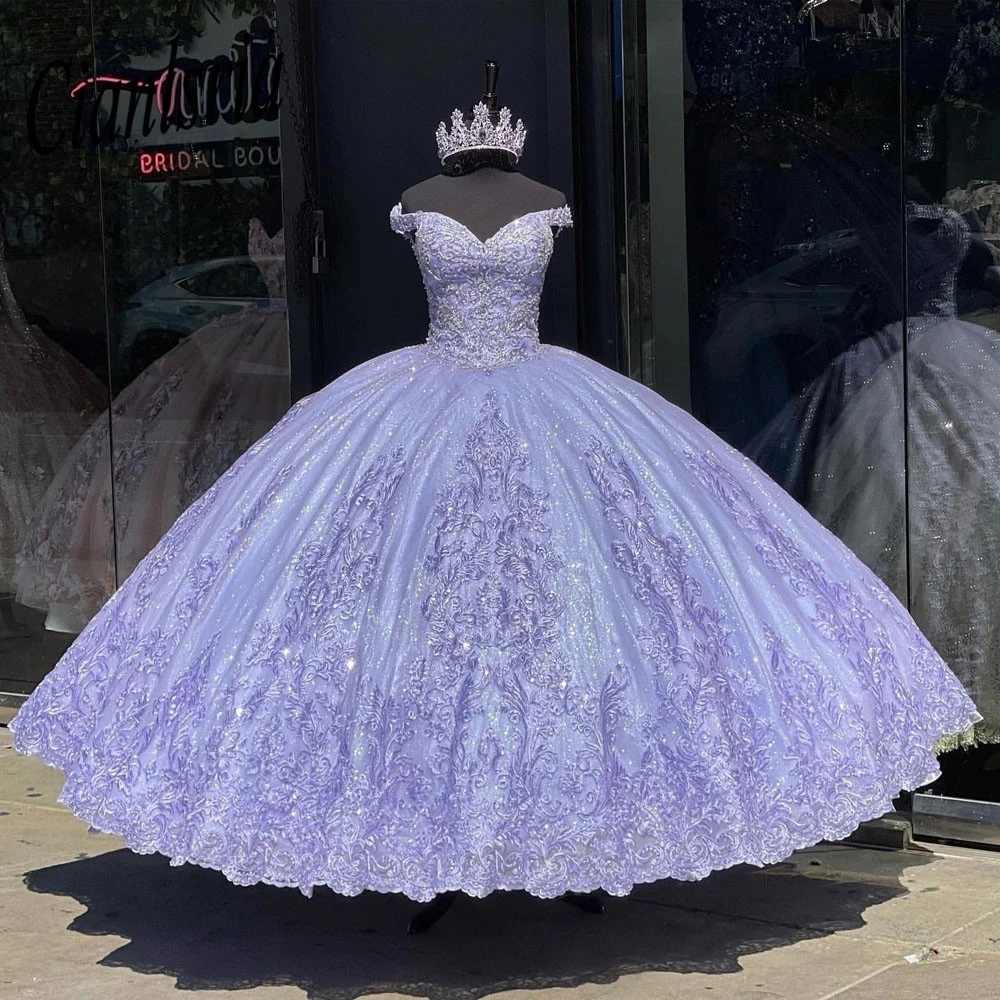 Abiti Quinceanera alla lavanda lucidi di lusso abiti con spalle scoperte De 15 Anos festa di compleanno che borda abiti da spettacolo per ragazze da ballo