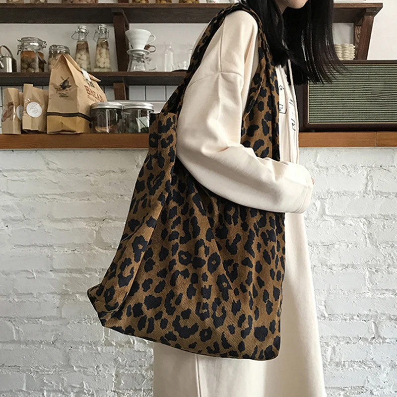 

Corduroy Leopard Print Bag Ladies Shoulder Casual Tote Shopping Bag Large Capacity Handbags Totes Women