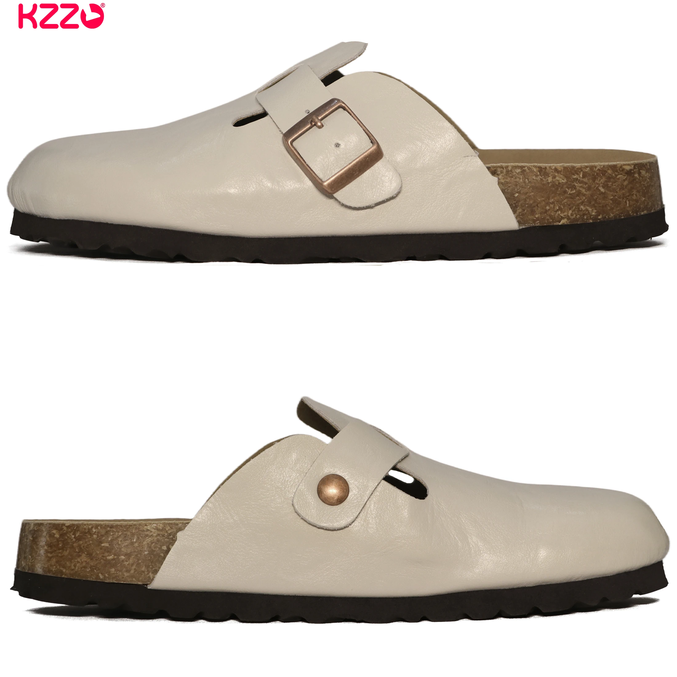 KZZO Waterproof Genuine Leather Mules For Women Non Clog Shoes Outdoor Home Comfort Slip On Flat Adjustable Strap White_voghion.com