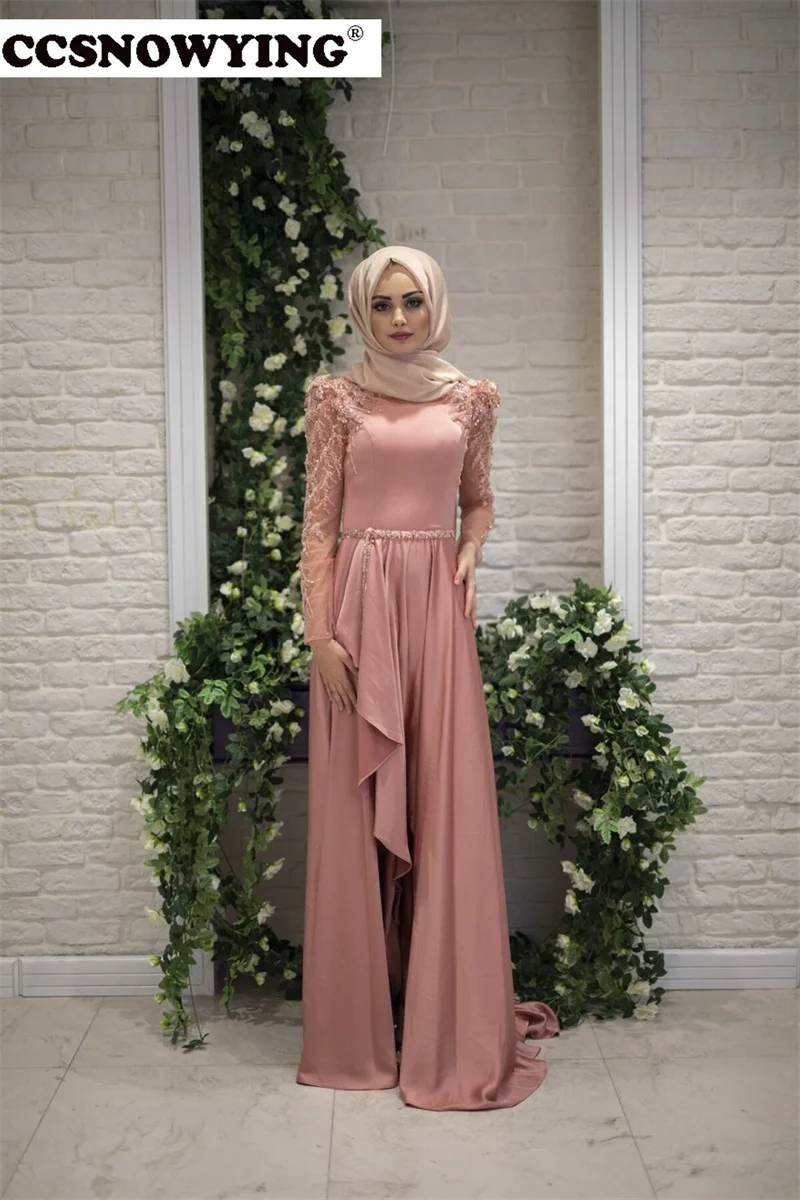 

Chiffon Appliques Beaded Muslim Evening Dresses Long Sleeve Islamic Formal Party Gowns High Neck Women Arabic Robes De Soirée