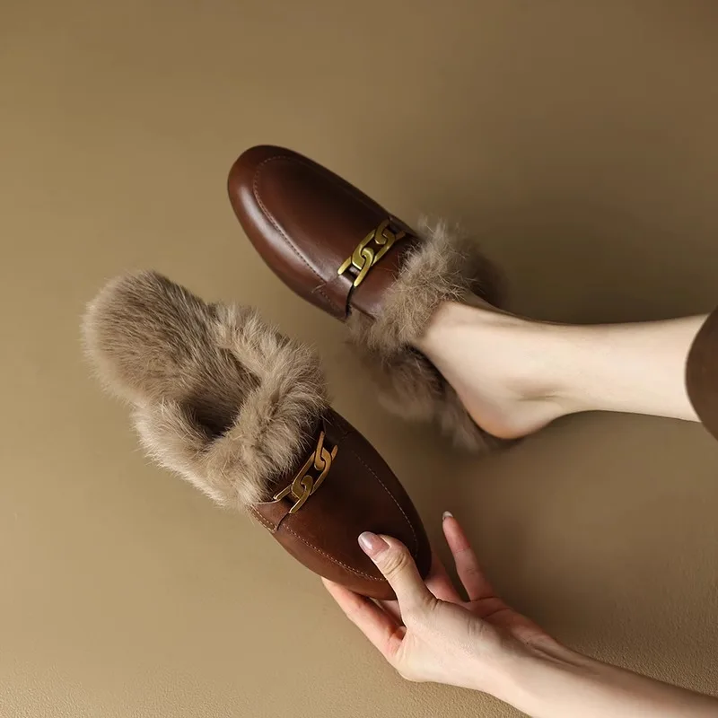 

Новинка, зимняя женская обувь, плюшевые тапочки Bao head half drag Mueller, теплая обувь, домашние тапочки для женщин