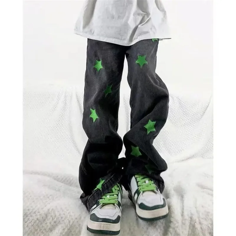 

Embroidered Jeans Women Printed Jeans Wide leg Pants American high street BF Personality Vintage Straight Leg loose Pants Trend